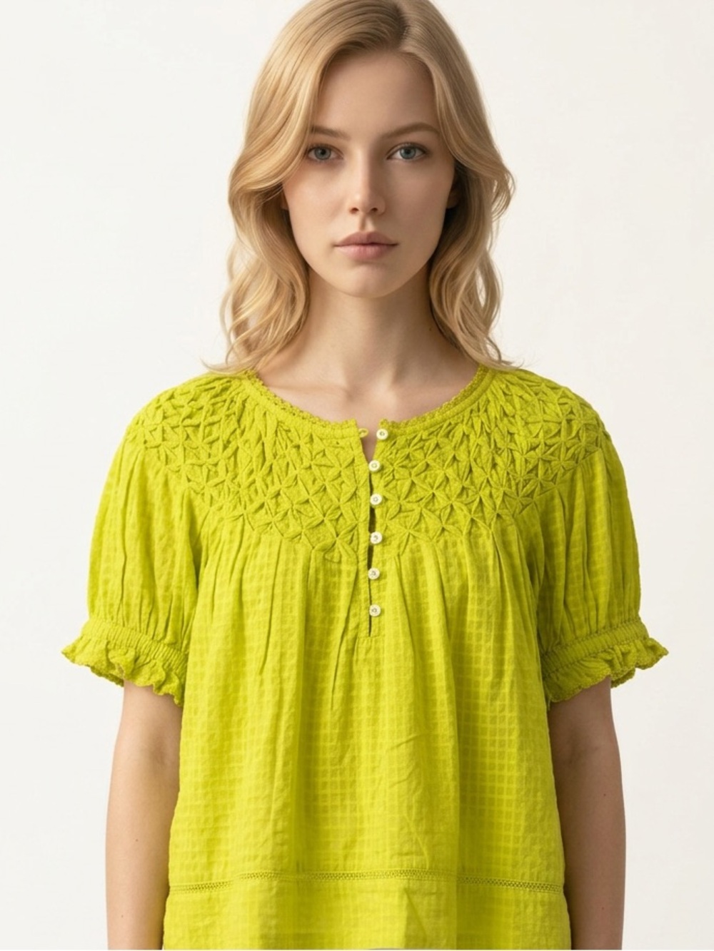SUNDANCE | Chartreuse Green Short-Sleeve Peasant Blouse Women’s Size Small